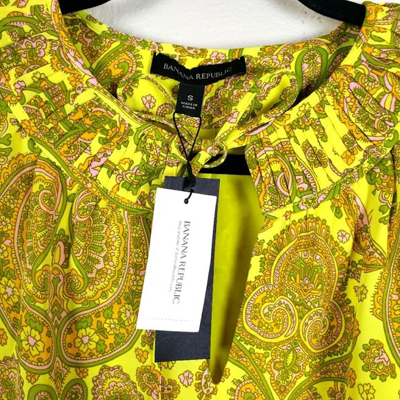 Women's Banana Republic Neon Yellow Paisley Fanned Keyhole Mini Dress Size Small - Picture 11 of 11